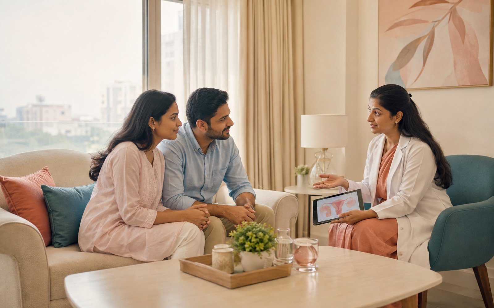 Indian couple discussing fertility-conscious fibroid care with a specialist