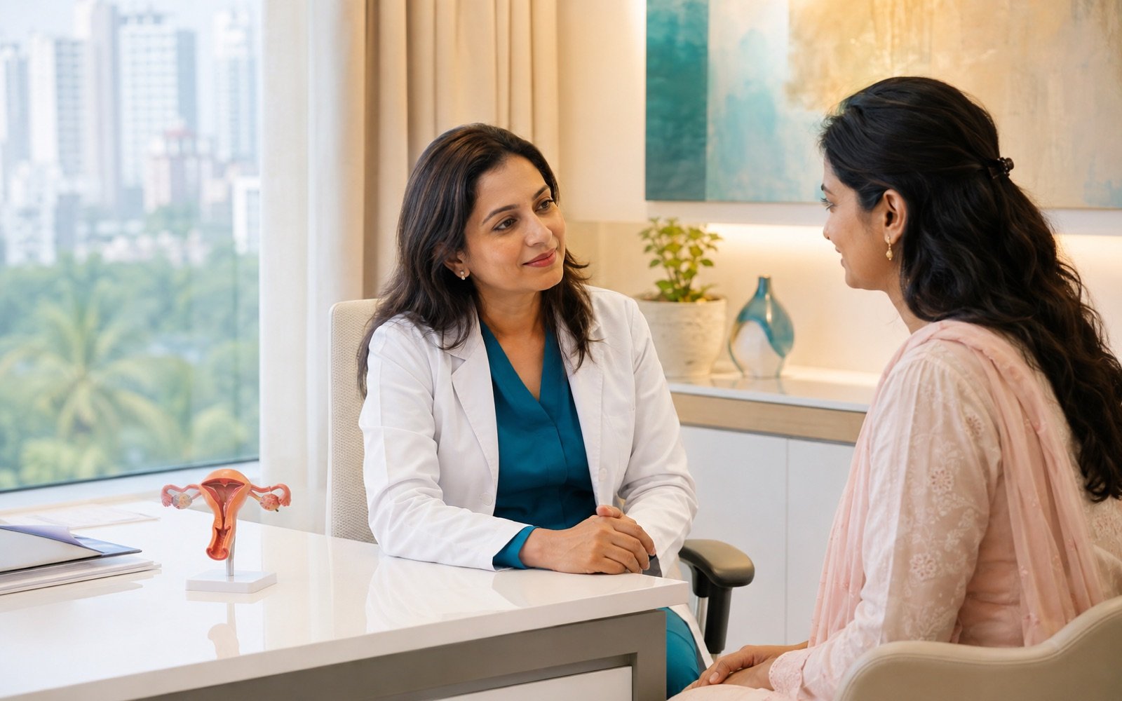 Indian gynaecologist listening to a woman during a fibroid consultation