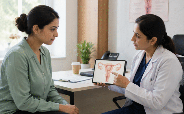 Fibroids treatment in India consultation with a gynaecologist explaining uterine health